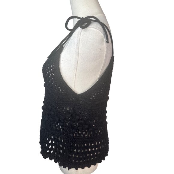 ZARA Black Small Crochet Knit Cotton Tank Top With Adjustable Tie Straps - Picture 6 of 12